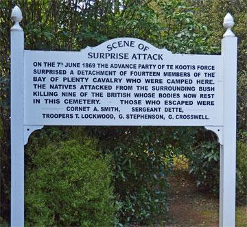 Sign at the cemetery describing the surprise attack on cavalry who were camped here