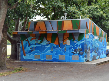 Colourful public toilets near the entrance to the reserve