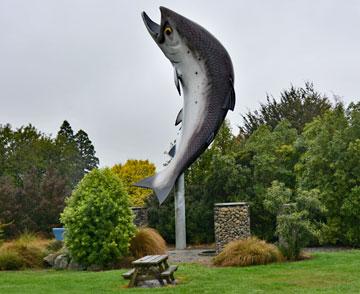 Salmon sculpture at the northern entrance to Rakaia
