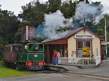 Steam train at Shanty Town near Greymouth