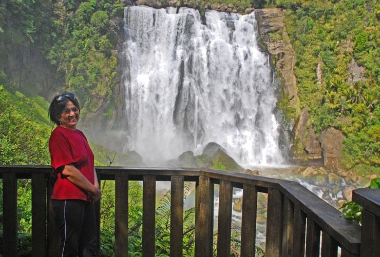 Shuping on the viewing platform at the Marokopa Falls