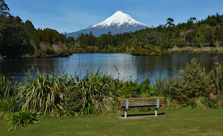 Stunning view of Mt Taranaki over Lake Mangamahoe