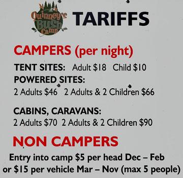 Campsite tariffs