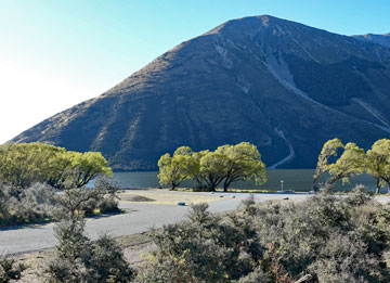 Distant view of the lakefront parking area