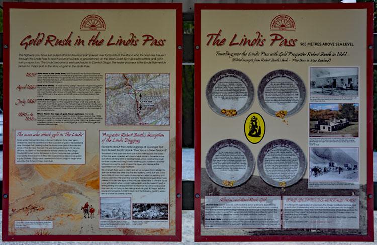 Sign detailing the gold rush and history of Lindis Pass