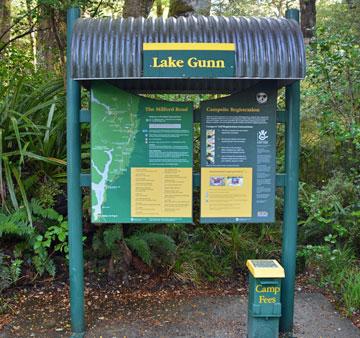 DOC sign at the entrance to the Lake Gunn campsite