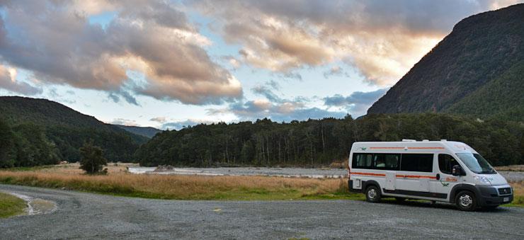 Parking by the river at sunset