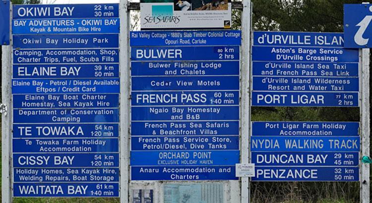 Sign with all the destinations you can access via Opouri Rd