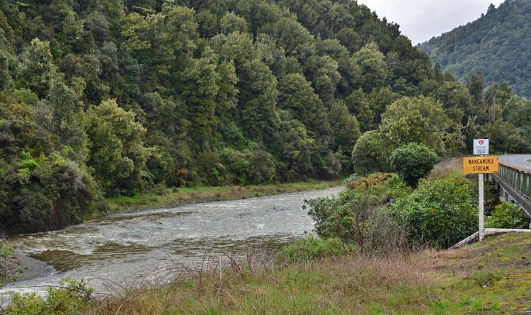 The Manganuku Stream flowing under the bridge into the Waioeka River 