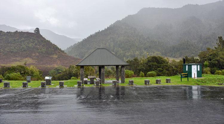 Tauranaga Bridge rest area along the Waioeka Journey on a wet day
